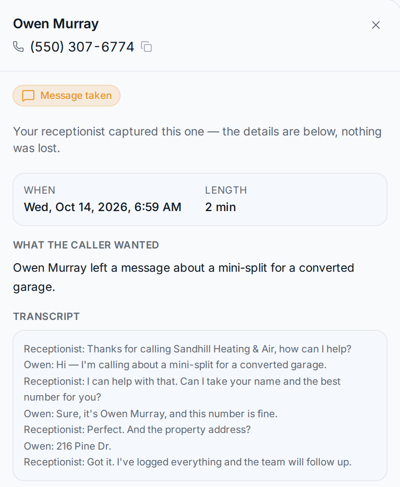 One call written up: the caller's name and number, a message taken at 6:59 AM, what they wanted, and the full transcript.